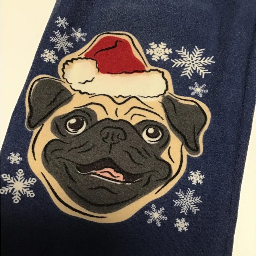 Lularoe Christmas Leggings Blue with Pug Santa Hat Kids sz L-XL sz 7/8- 12/14